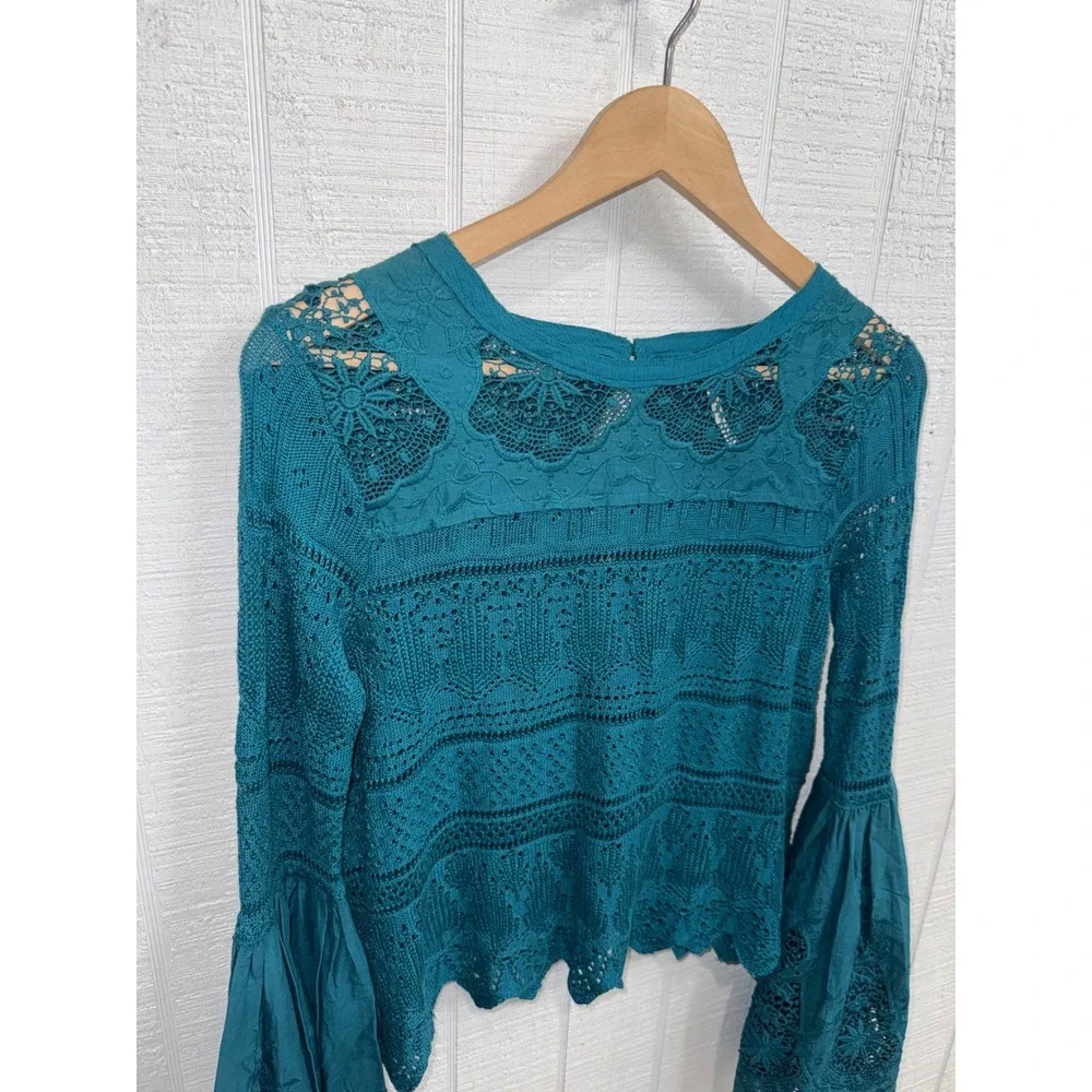Free People Crochet Knit Top Women Teal Blue Bell Sleeve Lace XS